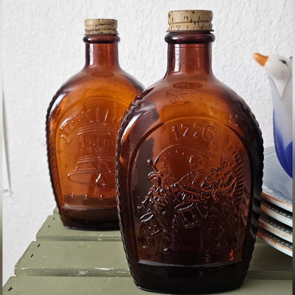 Pair Of Vintage Glass Log Cabin Syrup Amber Glass Bottles